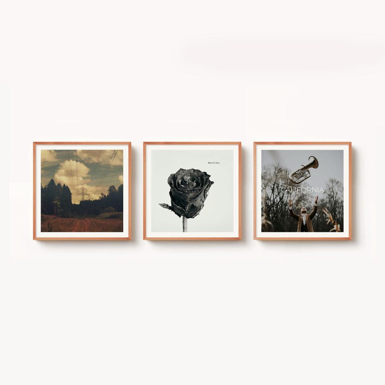 May include: Set of three framed art prints. The first print features a landscape with a cloudy sky and power lines. The second print is a black and white rose. The third print shows a person playing a trumpet with the word "CALIFORNIA" above.
