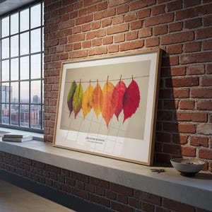 Puede incluir: Un cuadro enmarcado con hojas de oto&ntilde;o coloridas colgadas de una cuerda. Las hojas var&iacute;an en color de verde a amarillo, naranja y rojo. El texto "LIVE IN THE SUNSHINE" se encuentra en la parte inferior.