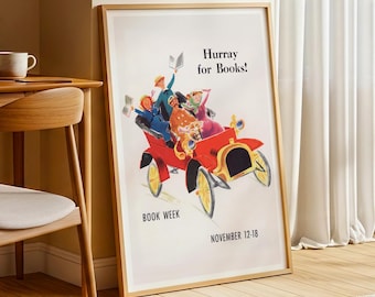 Hurray for Books Poster – Vintage Children’s Reading Art Print, Retro Book Week Illustration, Library Wall Art, Literary Poster