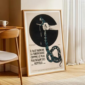 Può includere: Poster vintage incorniciato con un cerchio nero e un serpente verde e bianco tenuto da una mano. Il poster ha testo in francese ed è in una cornice di legno. Il poster è appoggiato a un muro.