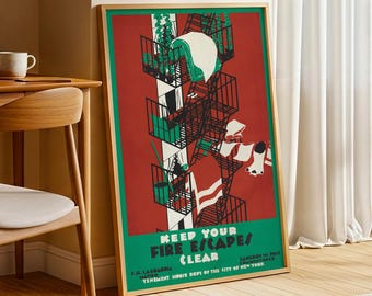 Keep Your Fire Escapes Clear Poster – Vintage New York Safety Print, 1930s Public Service Poster, Retro Wall Art for Home or Office