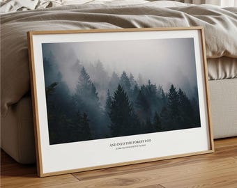 Y me adentro en el bosque – Impresión con cita de John Muir, póster de paisaje de bosque brumoso, fotografía con cita sobre la naturaleza, fotografía de paisajes