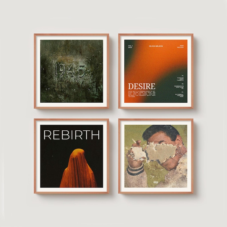 May include: Four framed art prints with a rose gold border. The prints feature abstract designs, including the word "REBIRTH", the word "DESIRE", and the numbers "1945". The art has a vintage aesthetic.