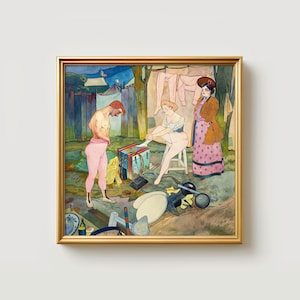May include: A framed print of a painting depicting three figures in an outdoor setting. One figure is adjusting their pink pants, another is seated, and a third stands nearby. The artwork features a vibrant color palette and a gold frame.