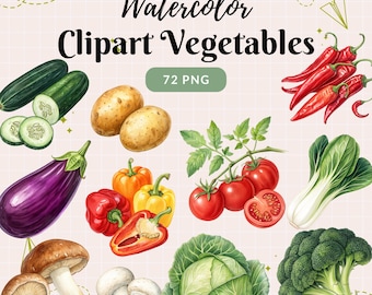 Pode incluir: Ilustração em aquarela de vários vegetais, incluindo pepinos, batatas, berinjela, pimentões, tomates, bok choy, repolho, brócolis, cogumelos e pimentas. A imagem inclui o texto "Watercolor Clipart Vegetables" e "72 PNG".