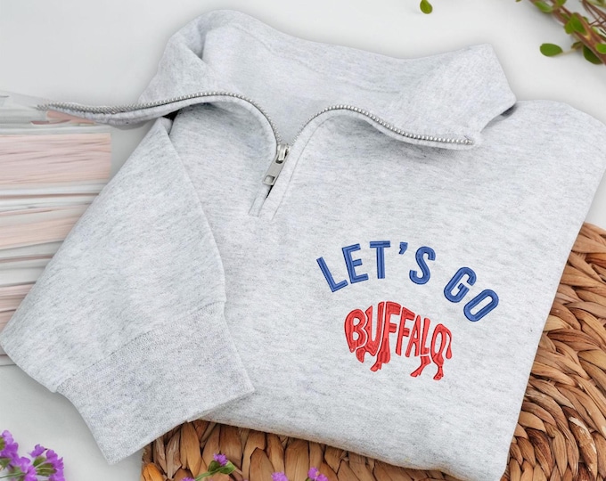 Let’s Go Buffalo Embroidered Quarter Zip Sweatshirt – Retro Game Day Pullover, Crop Top