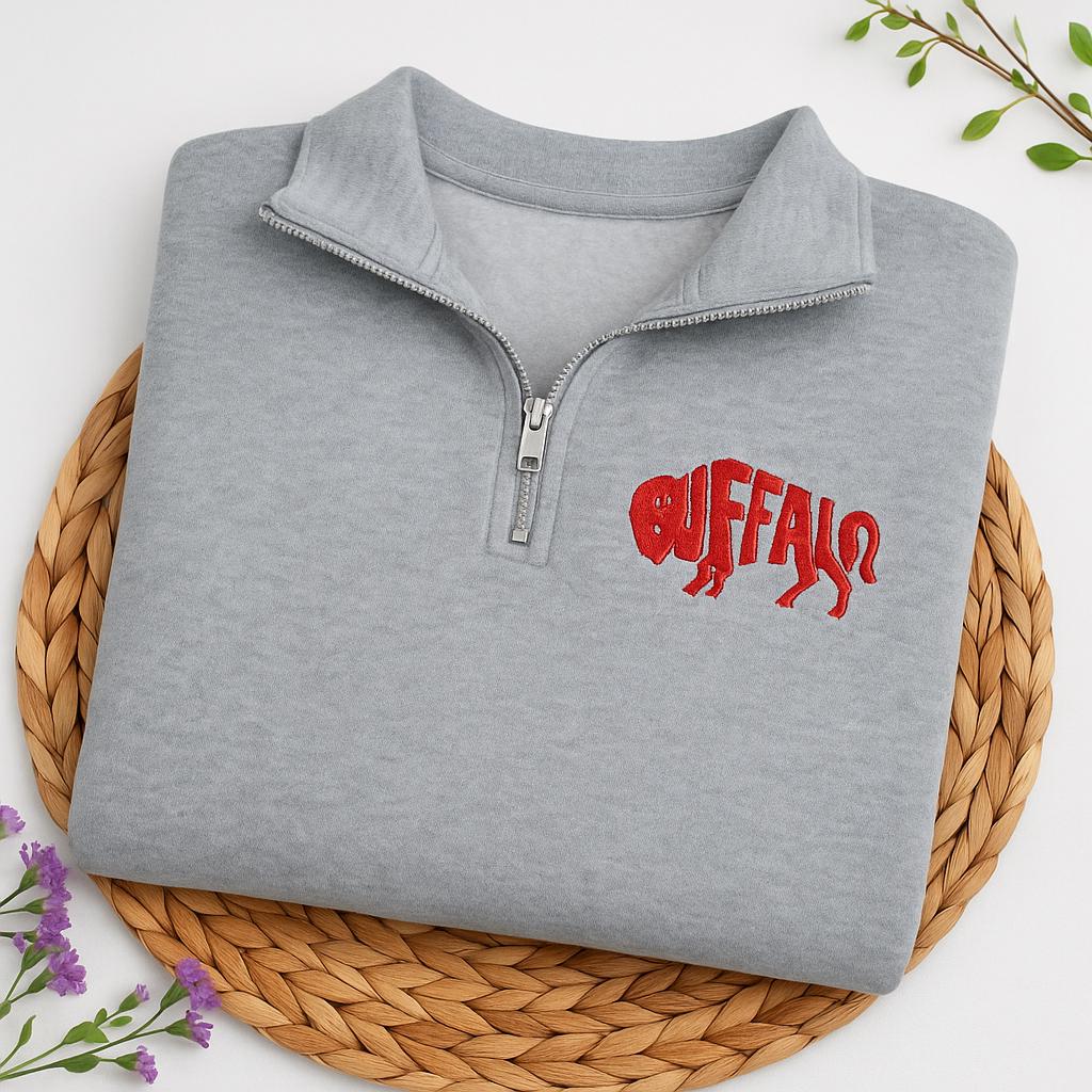 Discover Buffalo Embroidered Quarter Zip Sweatshirt: Cozy Game Day Pullover,
