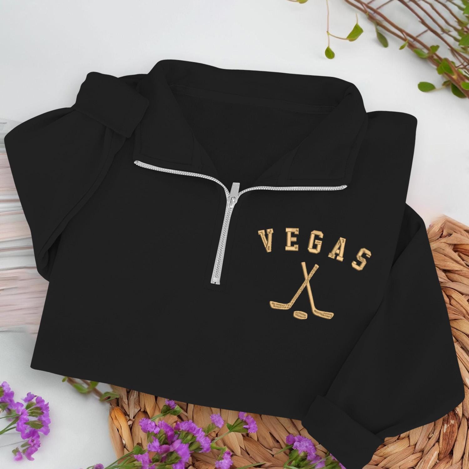 Vegas Hockey Embroidered Quarter Zip Sweatshirt, Cozy Cotton Blend Pullover