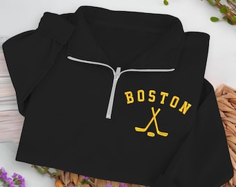 Boston Hockey Embroidered Quarter Zip Sweatshirt, Cozy Cotton Blend Pullover