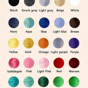 May include: A color chart titled "Color of thread" displays a variety of thread colors. The chart includes colors such as black, navy, aqua, yellow, bubblegum, turquoise, and more. Each color is represented by a circle.