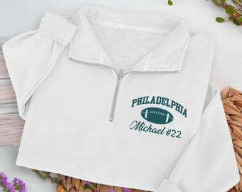 Broderad Philadelphia Quarter Zip Sweatshirt – Personlig namn- och nummerfotbollströja, Anpassad mysig matchdag