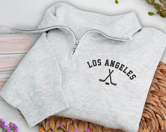Los Angeles Hockey Embroidered Quarter Zip Sweatshirt, Cozy Cotton Blend Pullover