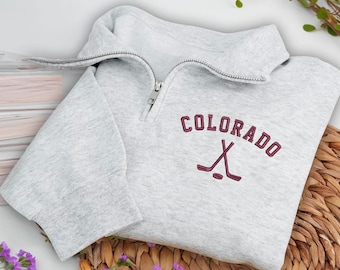 Colorado Hockey Embroidered Quarter Zip Sweatshirt, Cozy Cotton Blend Pullover