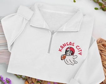 Embroidered Kansas City Ghost Football Quarter Zip Sweatshirt: Cozy Game Day, Halloween Pullover