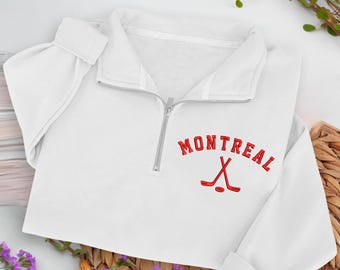 Montreal Hockey Embroidered Quarter Zip Sweatshirt, Cozy Cotton Blend Pullover