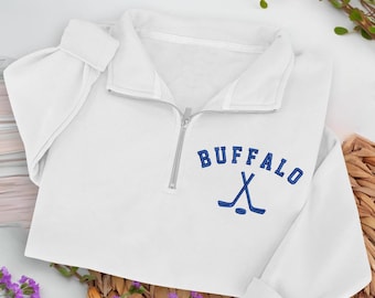 Buffalo Hockey Embroidered Quarter Zip Sweatshirt, Cozy Cotton Blend Pullover