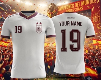 Camiseta de visitante personalizada de España, camiseta personalizada de campeones del mundo de 2 estrellas, camiseta de fútbol de La Roja, regalo de fútbol con nombre y número personalizados