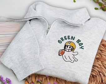 Embroidered Green Bay Ghost Football Quarter Zip Sweatshirt: Cozy Game Day, Halloween Pullover