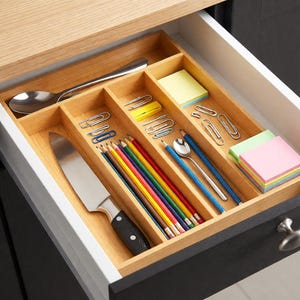 Handmade Bamboo Silverware Organizer | 5-Slot Kitchen Drawer Utensil Tray | Eco-Friendly Natural Wood Storage zdjęcie 3