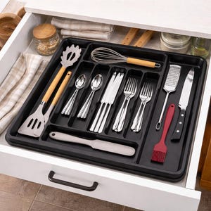 May include: A black drawer organizer filled with kitchen utensils. Includes a slotted spatula, spoons, forks, knives, a whisk, a grater, and a basting brush. The utensils are made of stainless steel and wood.