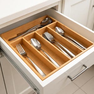 Handmade Bamboo Silverware Organizer | 5-Slot Kitchen Drawer Utensil Tray | Eco-Friendly Natural Wood Storage zdjęcie 9