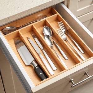 Handmade Bamboo Silverware Organizer | 5-Slot Kitchen Drawer Utensil Tray | Eco-Friendly Natural Wood Storage zdjęcie 8