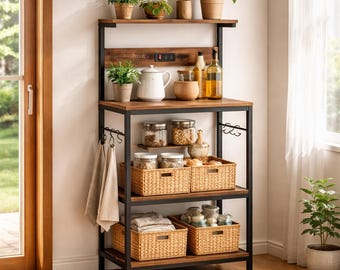 Rustic Bakers Rack with Power Outlet, 4-Tier Kitchen Storage Shelf, Coffee Bar Microwave Stand