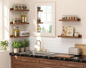 Set of 6 Rustic Wood Floating Shelves, Living Room Bedroom Kitchen Decor Kit