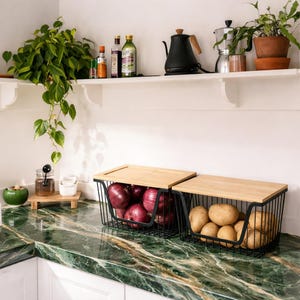 Stackable Wire Storage Bins with Bamboo Lids, Onion Potato Fruit Vegetable Organizer (2 Pack)