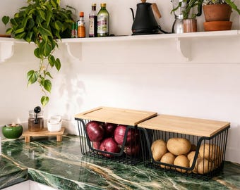 Stackable Wire Storage Bins with Bamboo Lids, Onion Potato Fruit Vegetable Organizer (2 Pack)
