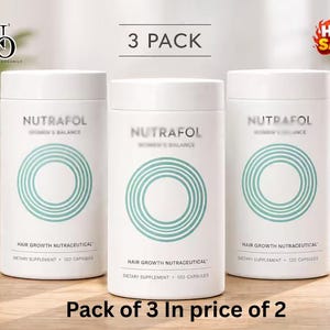 May include: Three white cylindrical bottles of Nutrafol hair growth supplement. Each bottle has a teal circular design and the text "NUTRAFOL WOMEN'S BALANCE". The image also includes the text "3 PACK" and "HOT SALE".