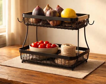 Tiered Fruit Basket with Banana Hangers, Black Iron Kitchen Organizer (PDF)