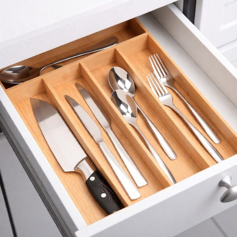Handmade Bamboo Silverware Organizer | 5-Slot Kitchen Drawer Utensil Tray | Eco-Friendly Natural Wood Storage zdjęcie 2