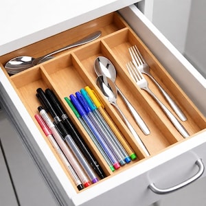 Handmade Bamboo Silverware Organizer | 5-Slot Kitchen Drawer Utensil Tray | Eco-Friendly Natural Wood Storage zdjęcie 1