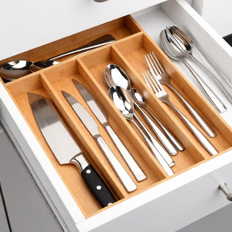 Handmade Bamboo Silverware Organizer | 5-Slot Kitchen Drawer Utensil Tray | Eco-Friendly Natural Wood Storage zdjęcie 10