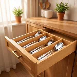 Handmade Bamboo Silverware Organizer | 5-Slot Kitchen Drawer Utensil Tray | Eco-Friendly Natural Wood Storage zdjęcie 12