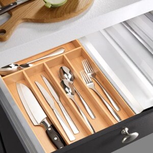Handmade Bamboo Silverware Organizer | 5-Slot Kitchen Drawer Utensil Tray | Eco-Friendly Natural Wood Storage zdjęcie 7