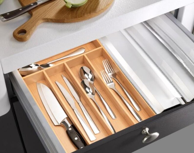 Handmade Bamboo Silverware Organizer | 5-Slot Kitchen Drawer Utensil Tray | Eco-Friendly Natural Wood Storage zdjęcie 7