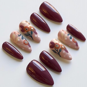 Bouquet di bacche / Set di unghie finte personalizzate / Lussuoso autunno bordeaux floreale autunnale