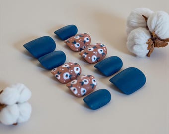 Denim & Spice | Custom Press On Nail Set | Navy Floral Fall Autumn Terracotta