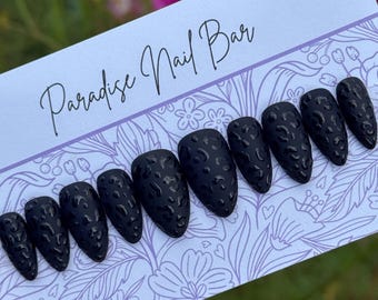Midnight Prowl | Custom Press On Nail Set | Black Matte Cheetah Print Goth