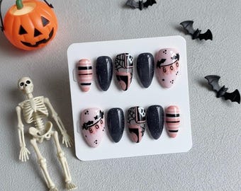 Something Wicked | Custom Press On Nail Set | Halloween Glitter Girly Bat Pumpkin Skull