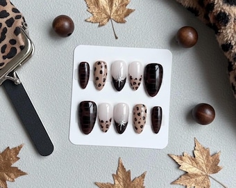 Untamed Elegance | Custom Press On Nail Set | Fall Cheetah Leopard Star Brown Black French