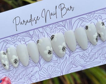 Milky White Floral Press On Nails | Matte Black Accent, Bridal Wedding