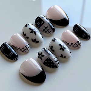 Floral Mischief | Custom Press On Nail Set | Black White Neutral Abstract Patch Quilt
