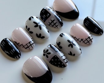 Floral Mischief | Custom Press On Nail Set | Black White Neutral Abstract Patch Quilt