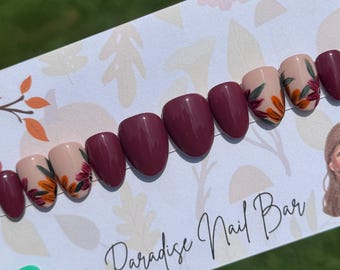 Petalfall Merlot | Custom Press On Nail Set | Fall Floral Maroon Autumn Burgundy Burnt Orange