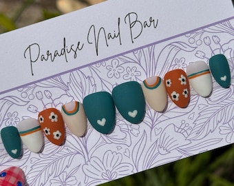 Terracotta | Custom Press On Nail Set | Fall Autumn Floral Teal Matte Abstract