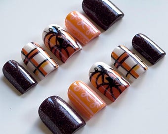 Presse à carreaux citrouille patch sur les ongles | Lot d'ongles d'automne douillet