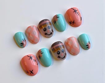 Patchwork Pal | Custom Press On Nail Set | Halloween Scarecrow Coral Mint Fall Autumn